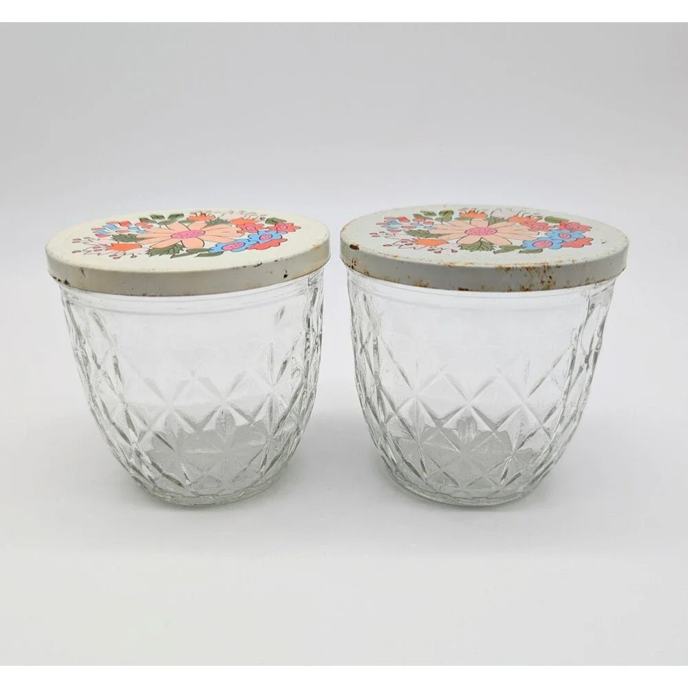2 BALL Quilted Crystal Glass Jars W/Tin Snap-On Lid Off-white Flower MOD Retro